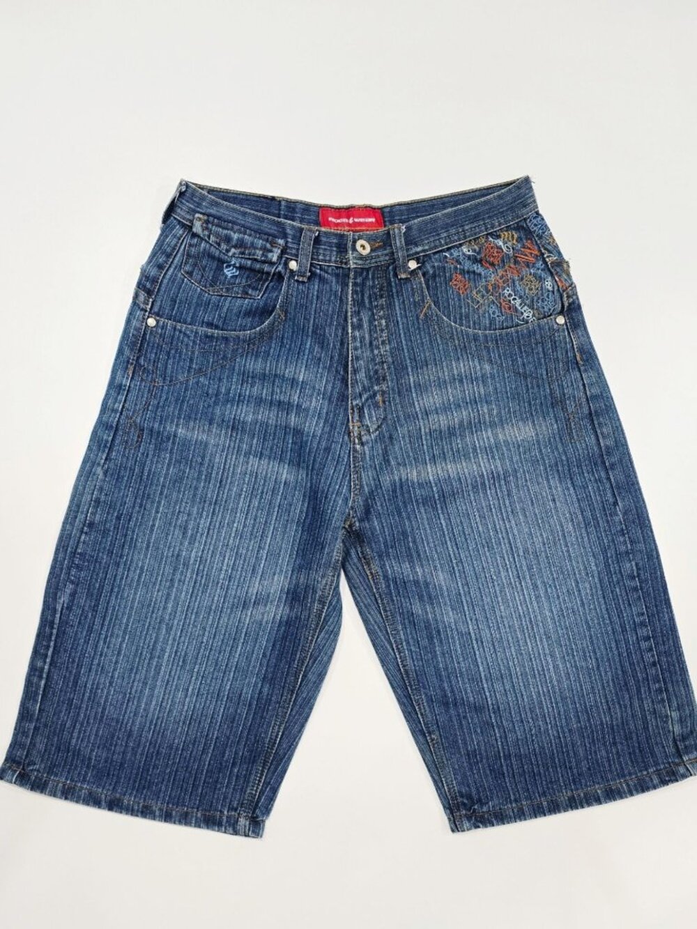 Rocawear Vintage Embroidered Denim Shorts Blue Pinstripe Y2K Hip Hop Baggy Sz 32